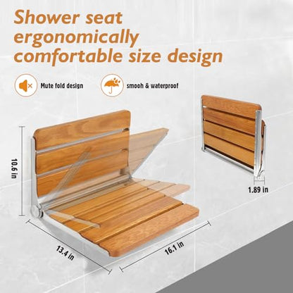 Folding Shower Seat Wall Mounted Shower Bench Teak Folding Shower Chair Wood Seat 316 Stainless Steel Frame Fold Down Shower Seat 600 lbs,1 Pack - color: Teak Wood