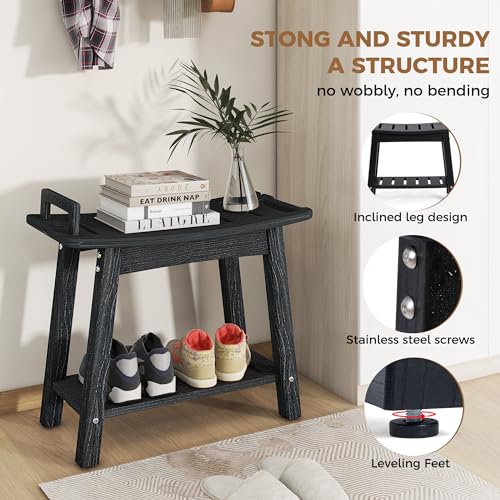 FLyjoe 24 INCH Extra Large Shower Bench for Inside Shower Shaving Legs, Waterproof HDPE Shower Chair Seat with Storage Shelf and Handles Spa Shower Stool for Bath Tub Bathroom Use, Black - color: Large-black