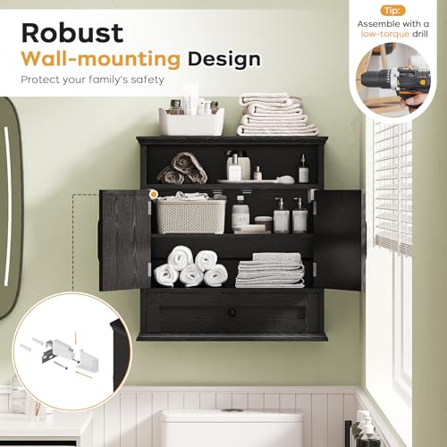 Bathroom Wall Cabinet, Wall Mounted Medicine Cabinet 24.4"H x 23.6"W x 9"D | With Drawer, Barn Doors & Adjustable Shelf, Black Over Toilet Farmhouse Storage Cabinet for Kitchen, Laundry Room, Entryway - color: Black