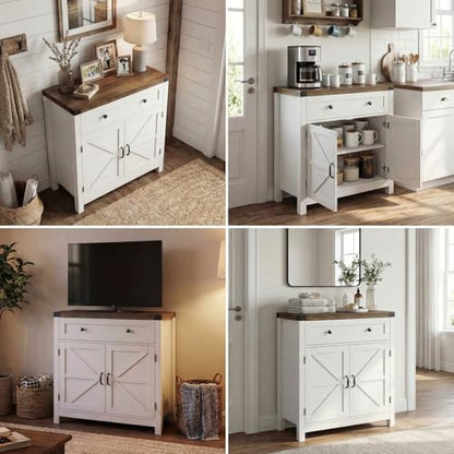 HOSTACK 31.5"W Kitchen Storage Cabinet, Farmhouse Coffee Bar Cabinet, White | Small Buffet Cabinet with Doors & Wide Drawer, Wood Sideboard Buffet, Entry Table w/ Adjustable Shelf for Dining Living Room - color: White