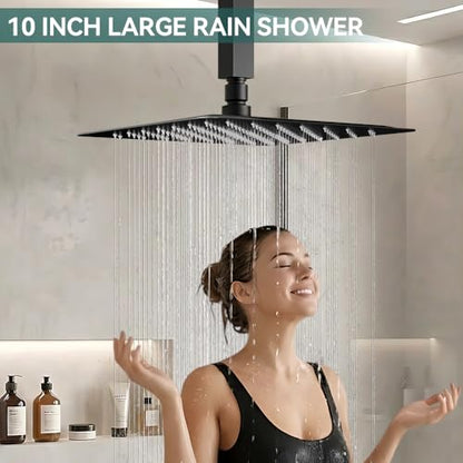 Shower System Shower Faucet Set, STARBATH 10" Ceiling Mount Rain Shower Head and Handheld Spray for Two Person, Rainfall Shower System with Diverter Valve and Trim Kit Complete,Matte Black - color: Matte Black, size: 10"-2
