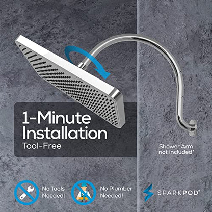 SparkPod 12 Inch Rectangle Rain Shower Head - Ceiling or Wall Mount Rainfall Shower Head - Large Coverage Showerhead - Brass Ball Joint with 360° Adjustment - 1-Min Install (Luxury Polished Chrome) - color: 1 - Luxury Polished Chrome 12 Inch Rectangle, st