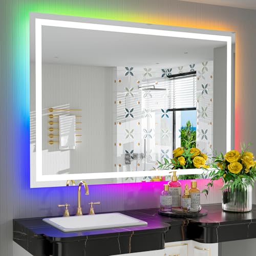 51x40 Inch RGB LED Bathroom Mirror Front Light and RGB Backlit Lighted Vanity Mirror for Bathroom Wall Mounted Dimmable Anti Fog Memory Shatter-Proof IP54 Waterproof Horizontal/Vertical - color: Rgb Backlit+front Lit, size: 51"L x 40"W