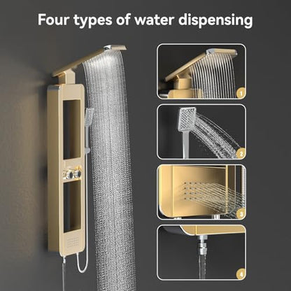 ELLO&ALLO Shower Panel Tower System with Shelf, Rainfall Shower Head and Rain Massage System with Body Jets, Stainless Steel Bathroom Fixtures, Brushed Gold&Chrome