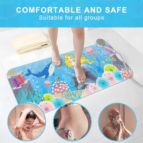 Upgrade Cartoon Baby Bath Mat Non Slip - 40"x16" Extra Long Bathtub Mat for Baby Eco Friendly Durable Bath Mat for Tub Non Slip Kids Tub Mat with Suction Cups, Machine Washable and No Fading, Mermaid - color: E-mermaid-2