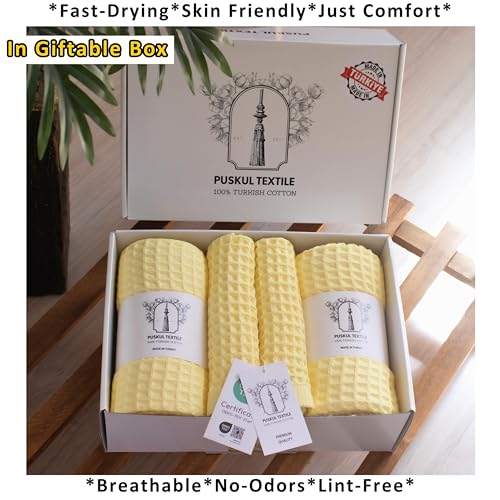 PÜSKÜL Natural 100% Turkish Cotton Waffle Towels Set of 4-Piece, L.-Yellow | 2-Bath sheet (Extra-large 32x63") and 2-Hand towel (Large 32x16"). Premium honeycomb-waffle weave, oeko-tex made in Turkiye. - color: Light Yellow
