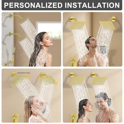 Bathtub Shower System 6-Inch Dual Overhead Rain Showers with 3-Function Handheld Showerhead & Power Jet | Complete Set with Diverter Valve (Brushed Gold)