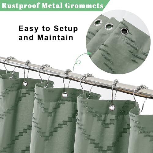 Sage Green Fabric Shower Curtain, Boho Shower Curtains for Bathroom Chic Tufted Chevron Striped Textured with Tassel, Soft Hotel Style Farmhouse, Machine Washable, 72x78, Sage Green - color: Sage Green, size: 72"W x 78"L (Pack of 1)