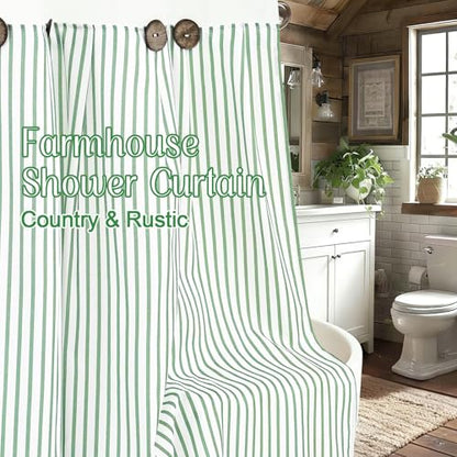 ASPMIZ Farmhouse Striped Shower Curtain and Liner Set No Hook, Green 71x86 | No Hook Shower Curtain with Snap in Liner Fabric, Rustic Washable Waterproof Bathroom Curtains with Button, Mesh Top Window - color: Green Striped, size: 71"W x 86"L (Pack of 1),