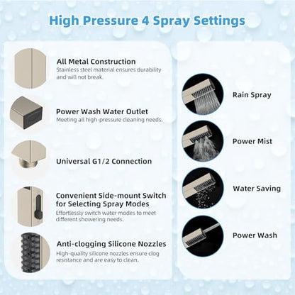 Hibbent All Metal CUPC Certified 12'' Rainfall Shower Head, Dual Shower Head Combo, High Pressure Handheld 4 Sprays Shower Wand, 16'' Adjustable Extension Arm, 71'' Hose, Shower Holder, Brushed Nickel - color: Brushed Nickel, style: Square 12''