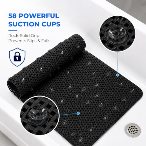 Bath Bliss Cushioned Foam Bath Mat Non Slip Bathtub Mat with 58 Suction Cups Black Color 17x36 | Machine Washable | Quick Drain Safety - color: Black