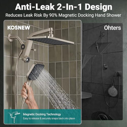 12" XXL Rainfall Shower Head with Handheld Combo Set, Nickel Brushed | High Pressure, Magnetic Docking, Air-Infusion Tech, Anti-Leak One-Piece Design, Dual Square Showerhead - color: Nickel Brushed