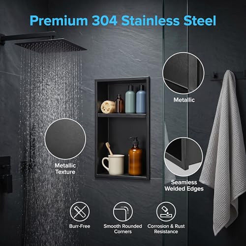 304 Stainless Steel Shower Niche 12” x 18” for Bathroom Storage | Matte Black Recessed Shower Niche No Tile Needed with 2-Tier Shelves for Bathroom Space Saving - size: 12 x 18 inch