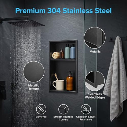 304 Stainless Steel Shower Niche 12” x 18” for Bathroom Storage | Matte Black Recessed Shower Niche No Tile Needed with 2-Tier Shelves for Bathroom Space Saving - size: 12 x 18 inch