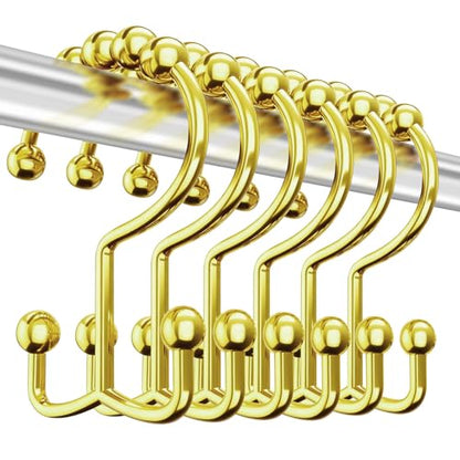 12 Pcs Gold Shower Curtain Hooks, 304 Stainless Steel Shower Curtain Hooks | Shower Curtain Rings Rust Proof, Double Hook Glide Shower Curtain Hooks Gold for Bathroom, Modern Decorative Shower Hooks