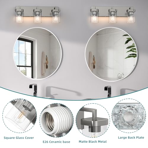 3-Light Bathroom Light Fixtures, Brushed Nickel Vanity Lights for Bathroom, Kitchen, Living Room, Modern Bathroom Vanity Lights with Clear Glass Shades - color: Brushed Nickel, size: 3 Light