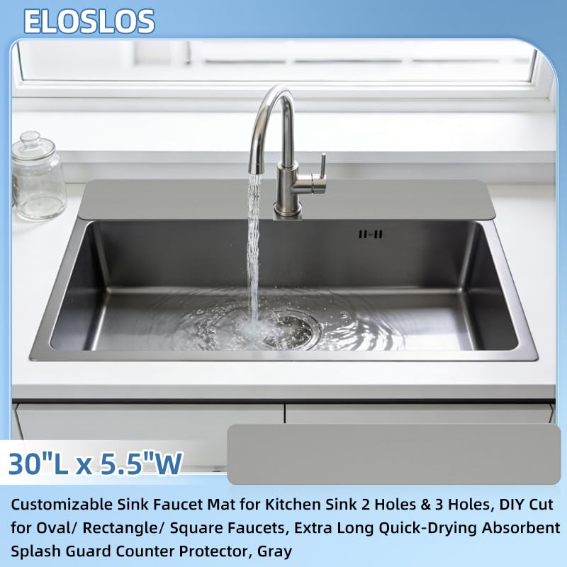 30"L x 5.5"W Customizable Sink Faucet Mat for Kitchen Sink 2&3 Holes, Gray | DIY Cut for Oval/Rectangle/Square Faucets, Extra Long Coverage, For Splashes & Drips - style: 1 Pcs Gray