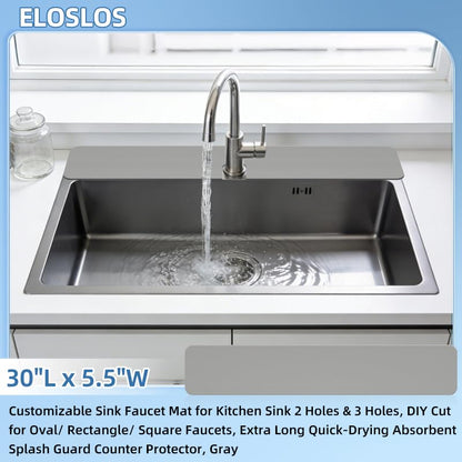30"L x 5.5"W Customizable Sink Faucet Mat for Kitchen Sink 2&3 Holes, Gray | DIY Cut for Oval/Rectangle/Square Faucets, Extra Long Coverage, For Splashes & Drips - style: 1 Pcs Gray