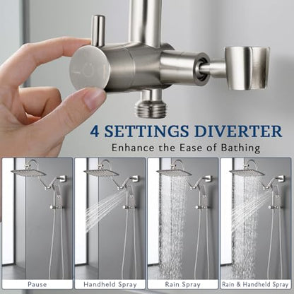 G-Promise Metal Shower Diverter with Low Handheld Holder (Brushed Nickel) | 10 Inch Downward-Extend Bracket for All Heights, 4 Spray Modes with Pause, Anti-Leak, Easy Install, Universal Replacement - color: Brushed Nickel, size: Lower 9 Inch