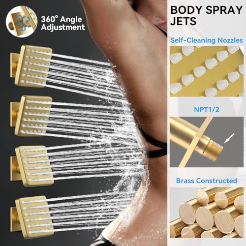 STARBATH Shower System with Body Jets,12" Rainfall Shower System with 2 in 1 Handheld and 4 Body Jets, Can Use All at Once, Push Button Complete Shower Jets System with Valve and Trim Kit,Brushed Gold - color: Gold, size: 12"-04