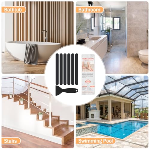 Non Slip Bathtub Stickers, 24 PCS Shower Stickers for Safety Bathroom Tubs, Bathtub Non Slip Stickers and Adhesive Decals Scraper for Bath Tub, Shower Floor, Stairs, Ladders(Black) - color: Black