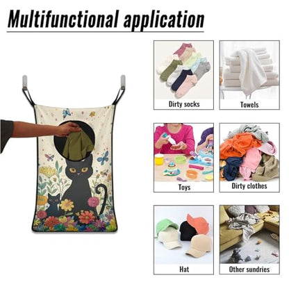 ZOUTAIRONG Black Cat Flower Hanging Laundry Hamper Kids Girls Laundry Basket Laundry Hamper Space Saving Home Storage Organizer Clothes Hampers - color: Black Cat Flower