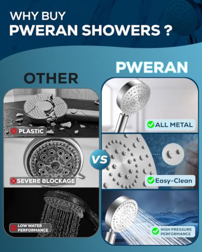 PWERAN Handheld Shower Head with 72" Hose, High Pressure Shower Heads | All Metal,6 Spray,Stainless Steel Showerheads,Built-in Pause Mode,Hand HeId Showerhead,Non-Clogging Nozzles,Adjustable Holder - color: Brushed Nickel