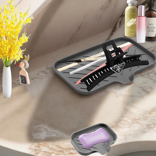 2 PC Sponge Stand for Kitchen Sink and Soap Tray for Bathroom Sink, Silicone Soap Tray with Drain and Toothbrush Holder, Utensil Dispenser, Tray, and Kitchen Tool Manager