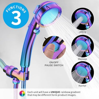 KAIYING High Pressure Handheld Shower Head with ON/OFF Switch, 3 Spray Modes, Adjustable Angle Bracket, Radiant Rainbow | 3 Spray Modes Shower Wand with Shut Off Button, Camper & RV Showerhead with Hose & Angle Adjustable Holder, Radiant Rainbow - color: