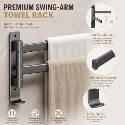 2-5 Arms Swivel Towel Rack Bath Towel Holder with Hook Swing Arm Towel Rack Wall Mount for Bathroom Kitchen-Grey 2Arm - color: Grey, size: 2-arm