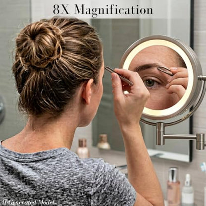 JERDON Hardwired Wall-Mount Makeup Mirror - 8X/1X - Nickel - HL88NLD | 8.5" Round Frame, 13.5" Wall Arm, LED Lighting, Direct Wire Installation - color: Nickel Direct Wire