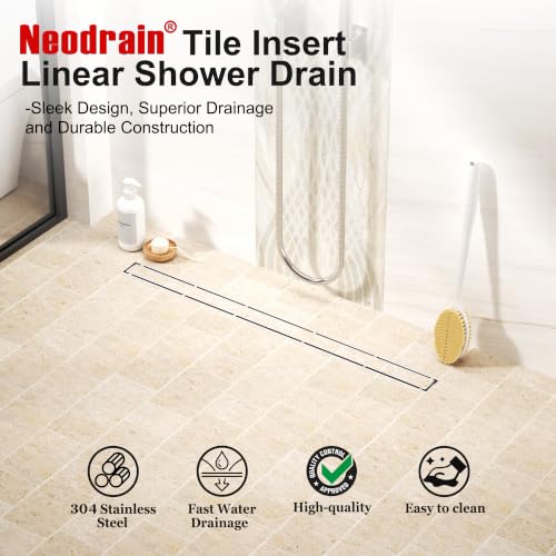 Neodrain 42-Inch Linear Shower Drain-Brushed,with Tile Insert Grate | 304 Stainless Steel, Fast Drainage, Rectangle Shower Floor Drain with Leveling Feet & Hair Strainer, Fits Bathroom, Balcony - color: Brushed, size: 42 IN