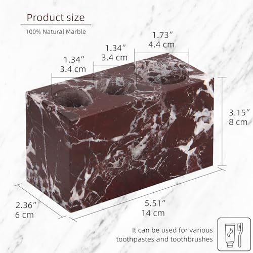 Natural Marble Toothbrush Holder, Rosso Lepanto, 3 Slots | Large Bathroom Organizer Countertop, Ventilation Design, Stone Toothbrush and Toothpaste Stand, Non-Slip Silicone Pads - color: Rosso Lepanto, size: 3 Slots