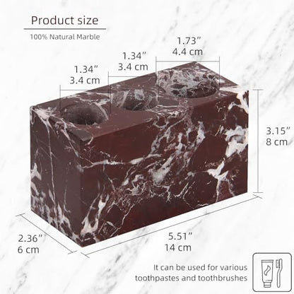 Natural Marble Toothbrush Holder, Rosso Lepanto, 3 Slots | Large Bathroom Organizer Countertop, Ventilation Design, Stone Toothbrush and Toothpaste Stand, Non-Slip Silicone Pads - color: Rosso Lepanto, size: 3 Slots