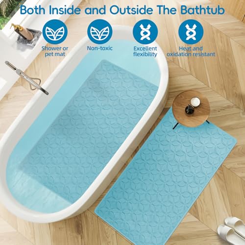 Non-Slip Rubber Bathtub Mat with Suction Cups, 17 × 35 Inch (Blue) | 100% Rubber, Leaf Texture. Vacuum Suction Cups. Soft on Touch. BPA/PVC-Free. Machine Wash. Safe For Bath, Shower, Pet Dogs. - color: Blue, size: 35" x 17" (Rectangular)