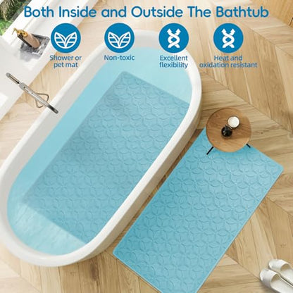 Non-Slip Rubber Bathtub Mat with Suction Cups, 17 × 35 Inch (Blue) | 100% Rubber, Leaf Texture. Vacuum Suction Cups. Soft on Touch. BPA/PVC-Free. Machine Wash. Safe For Bath, Shower, Pet Dogs. - color: Blue, size: 35" x 17" (Rectangular)