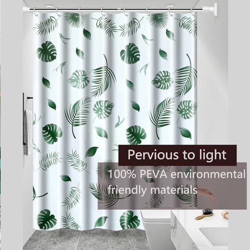 TIKABC Shower Curtain Liner, 4G PEVA Green Leaf Shower Liner, Plastic Waterproof Shower Curtains, 72x72 inch with Grommet Holes 3 Magnetic Weights - color: White-green Leaf