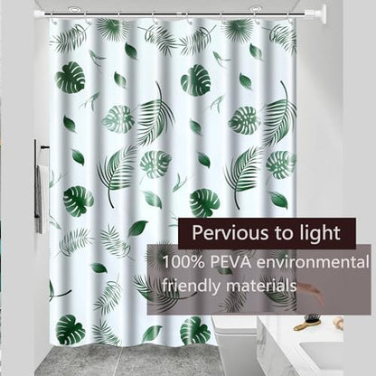 TIKABC Shower Curtain Liner, 4G PEVA Green Leaf Shower Liner, Plastic Waterproof Shower Curtains, 72x72 inch with Grommet Holes 3 Magnetic Weights - color: White-green Leaf