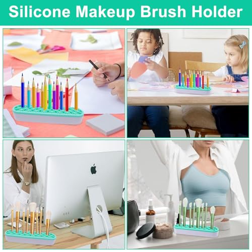 1Pcs Makeup Brushes Holder Silicone Make Up Brush Holder Stand Makeup Vanity Brush Holders for Painting Pen Brushes Nail Clippers Drill Pens Ruler Sewing Craft Tools (Green) - color: Green
