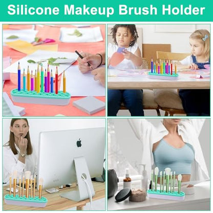 1Pcs Makeup Brushes Holder Silicone Make Up Brush Holder Stand Makeup Vanity Brush Holders for Painting Pen Brushes Nail Clippers Drill Pens Ruler Sewing Craft Tools (Green) - color: Green