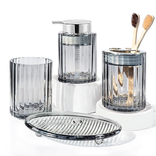 CERBIOR Bathroom Accessories Set, 4 PCS Glass Bathroom Set,Silver Grey | Includes Soap Dispenser, Toothbrush Holder, Toothbrush Cup, Soap Dish for Decorative Countertop and Housewarming Gift - style: Silver Grey