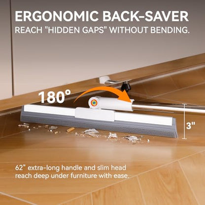 Magic Squeegee Broom for Floors, 62 in Handle, Rubber Pet Hair Remover | Works on tile, concrete, carpet and windows; includes 2 microfiber pads for wet and dry cleaning