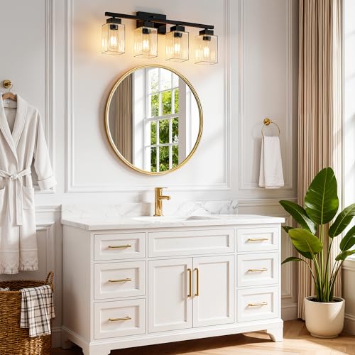 4-Light Bathroom Light Fixtures, Matte Black Modern Vanity Lights, Bathroom Lighting Fixtures Over Mirror, Square Design Farmhouse Wall Sconces with Clear Glass Shades - color: Matte Black, size: 4-Light