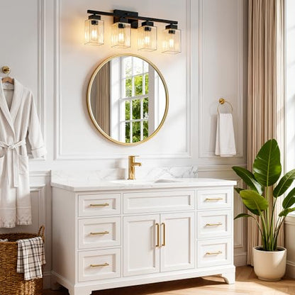 4-Light Bathroom Light Fixtures, Matte Black Modern Vanity Lights, Bathroom Lighting Fixtures Over Mirror, Square Design Farmhouse Wall Sconces with Clear Glass Shades - color: Matte Black, size: 4-Light