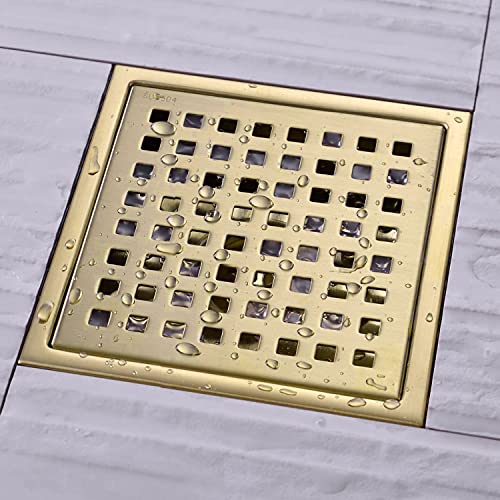 TRUSTMI 6 Inch Square Shower Floor Drain with Removable Grid Grate Cover, SUS 304 Stainless Steel,Brushed Gold - size: Grid Cover