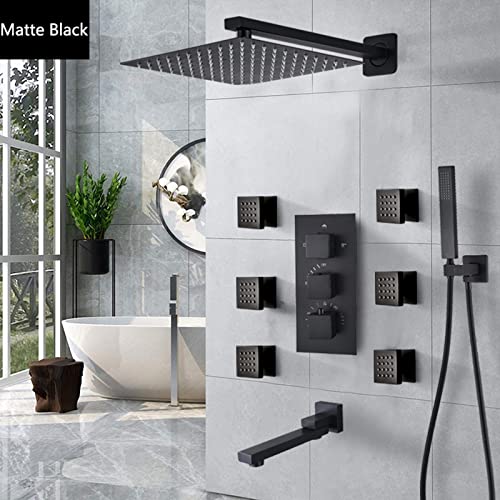 Shower System Thermostatic Concealed Shower Faucet Set Wall Mounted Matte Black Anti Scald Shower Combo Set with 6 Body Sprays with Hand Shower and Waterfall Rainfal,10 Inch - size: 10 Inch