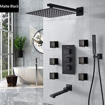 Shower System Thermostatic Concealed Shower Faucet Set Wall Mounted Matte Black Anti Scald Shower Combo Set with 6 Body Sprays with Hand Shower and Waterfall Rainfal,10 Inch - size: 10 Inch