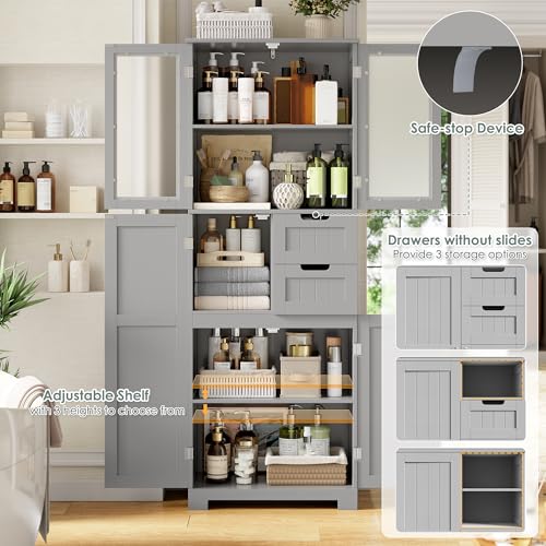 BOTLOG 67'' Tall Bathroom Storage Cabinet with Adjustable Shelf | Frosted Glass Doors, Wood Drawers, Kitchen Pantry Line Cabinet for Kitchen Bathroom, Living Room, Grey - color: Light Grey