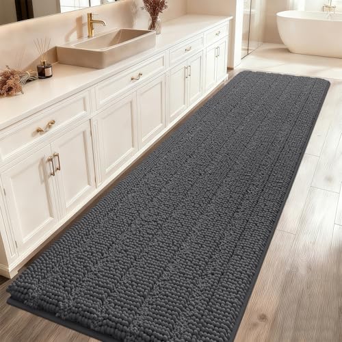 Extra Long Striped Grey Bathroom Rug Mat 70"x24" Ultra Soft, Non Slip Chenille Bath Rugs, Absorbent Plush Shaggy Bath Mats for Bathroom, Bedroom, Kitchen, Shower, Tub,Dark Gray, Charcoal - color: Dark Gray, size: 1'11" x 5'10" (Runner)