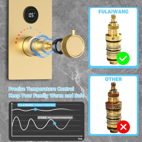 Thermostatic Digital Dual Rain Heads Tub Shower System Can Run Together | 4-Way Shower Faucts Set with Waterfall Spout, 12" Rainfall + 6" Tilted Shower and Brass Handheld, Brushed Gold - color: Brushed Gold, style: 12” + 6" + Spout